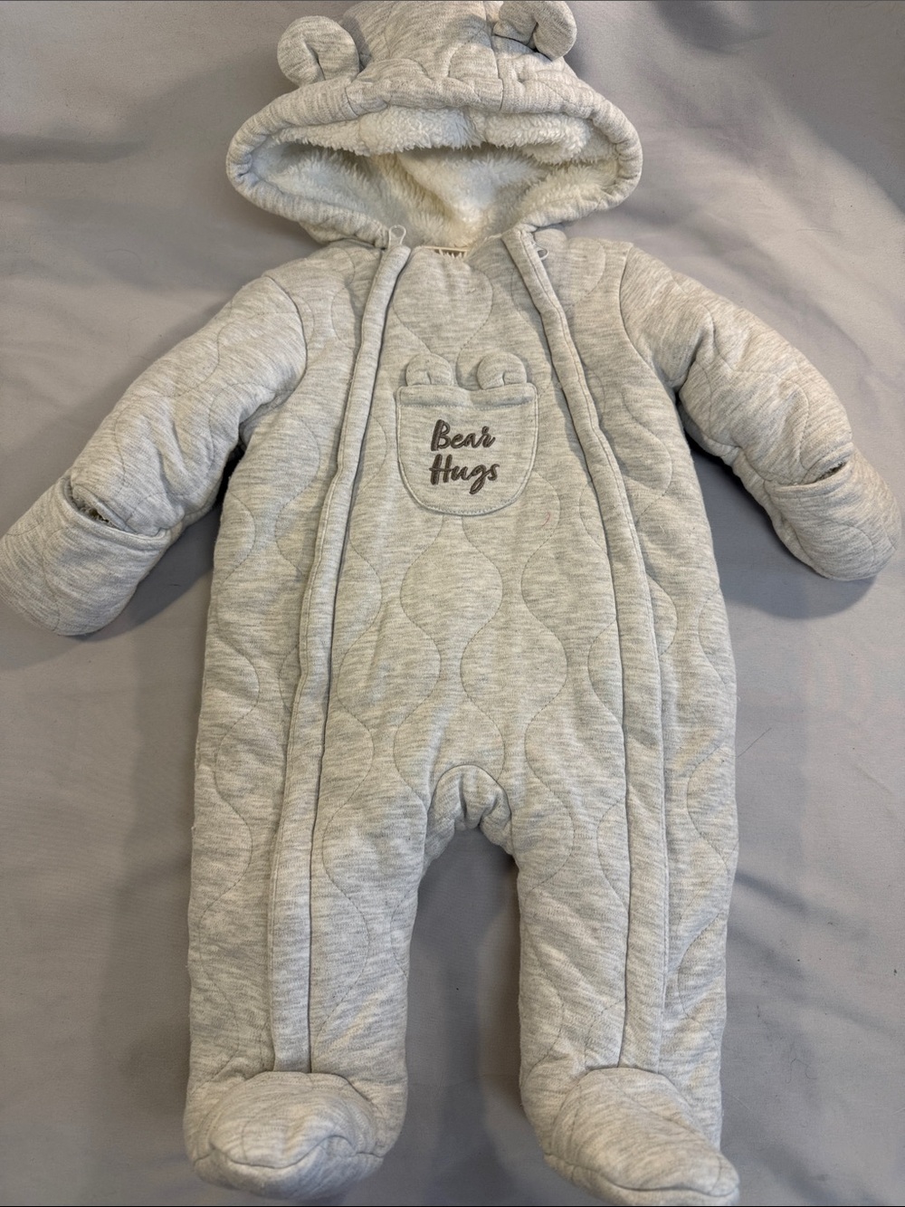 First wish Cozy Grey Quilted Baby Footed One-Piece bunting bag - Bear Hugs
